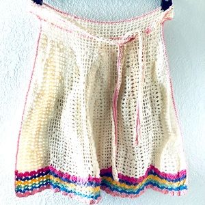 Vintage Handmade Crocheted White colorful Half Apron with Tieback